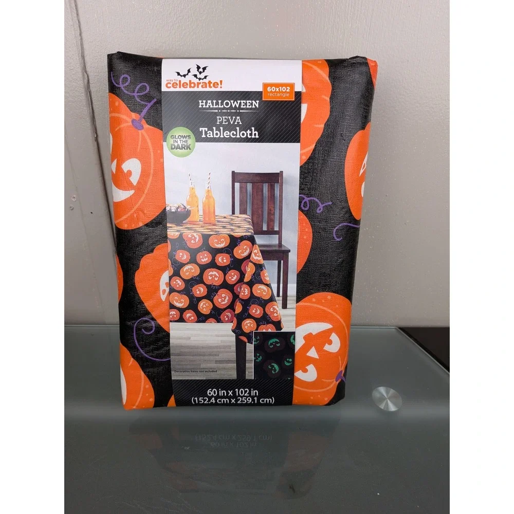 Way To Celebrate Halloween Glow In The Dark Pumpkin PEVA Tablecloth 60x102 Black